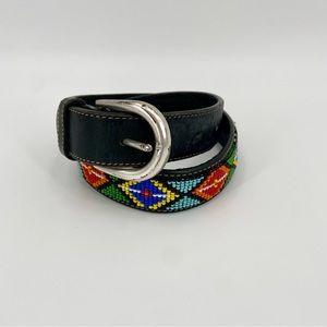 Boho Black Genuine Leather Beaded Southwestern Belt 30